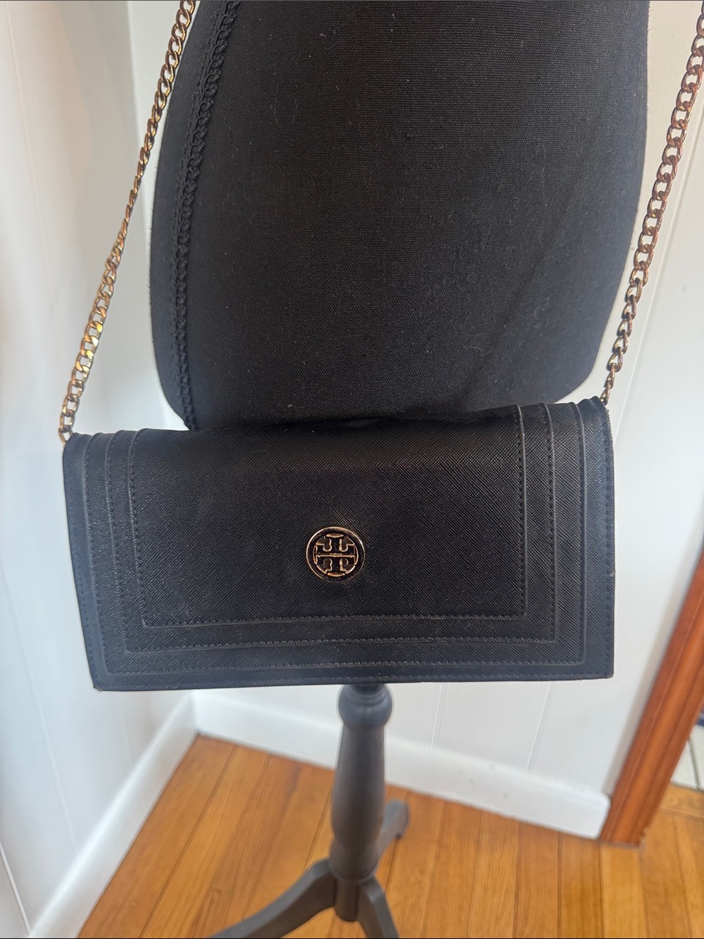 Tory Burch Black Leather Chain Wallet Crossbody with Gold Logo